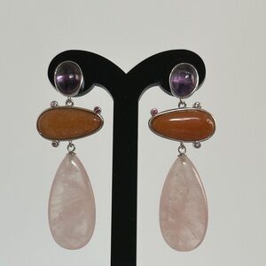 925 sterling silver amethyst Pink jade  and Brown Jade Drop Earrings